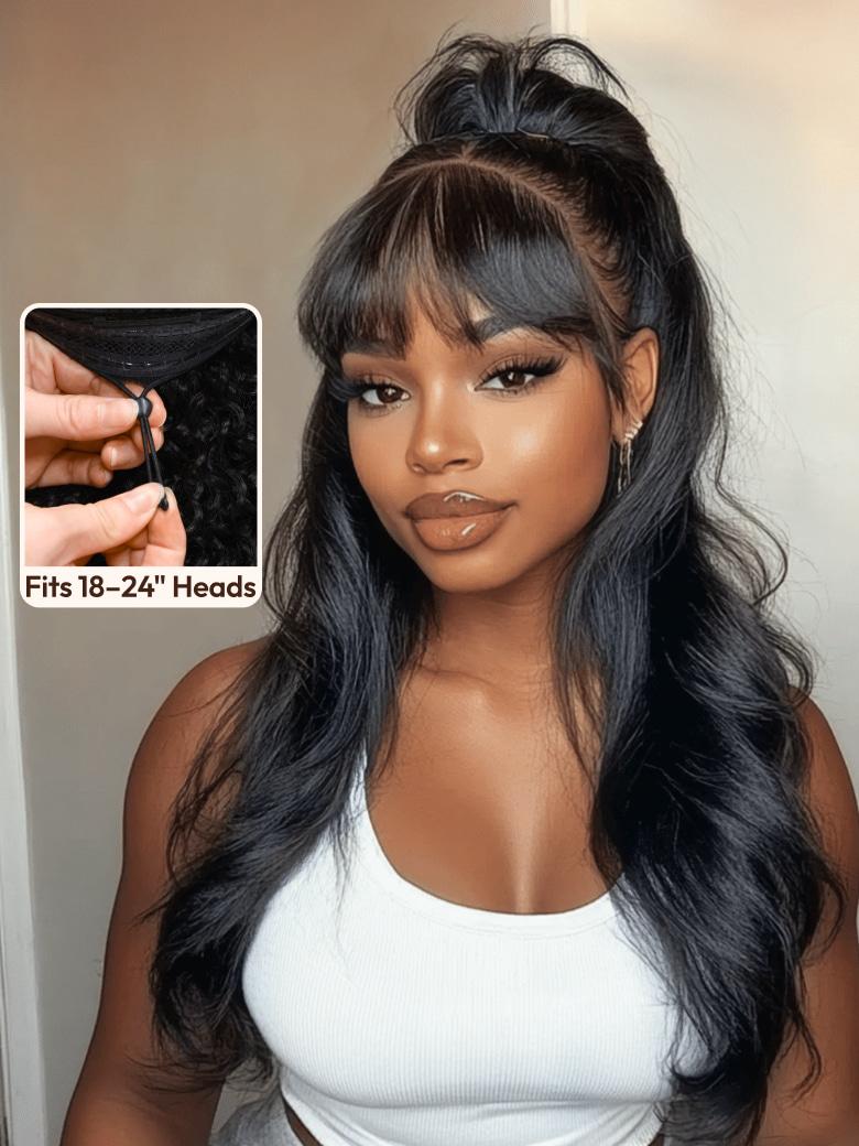 7x5 ByeBye Knots? Black Fluffy Natural Loose Wave Curtain Bangs Wig