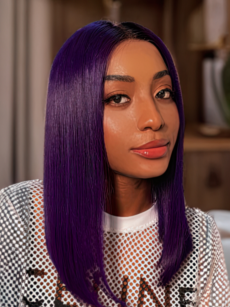 Lace Front Blunt Cut Bob Dark Purple Wig With Dark Roots