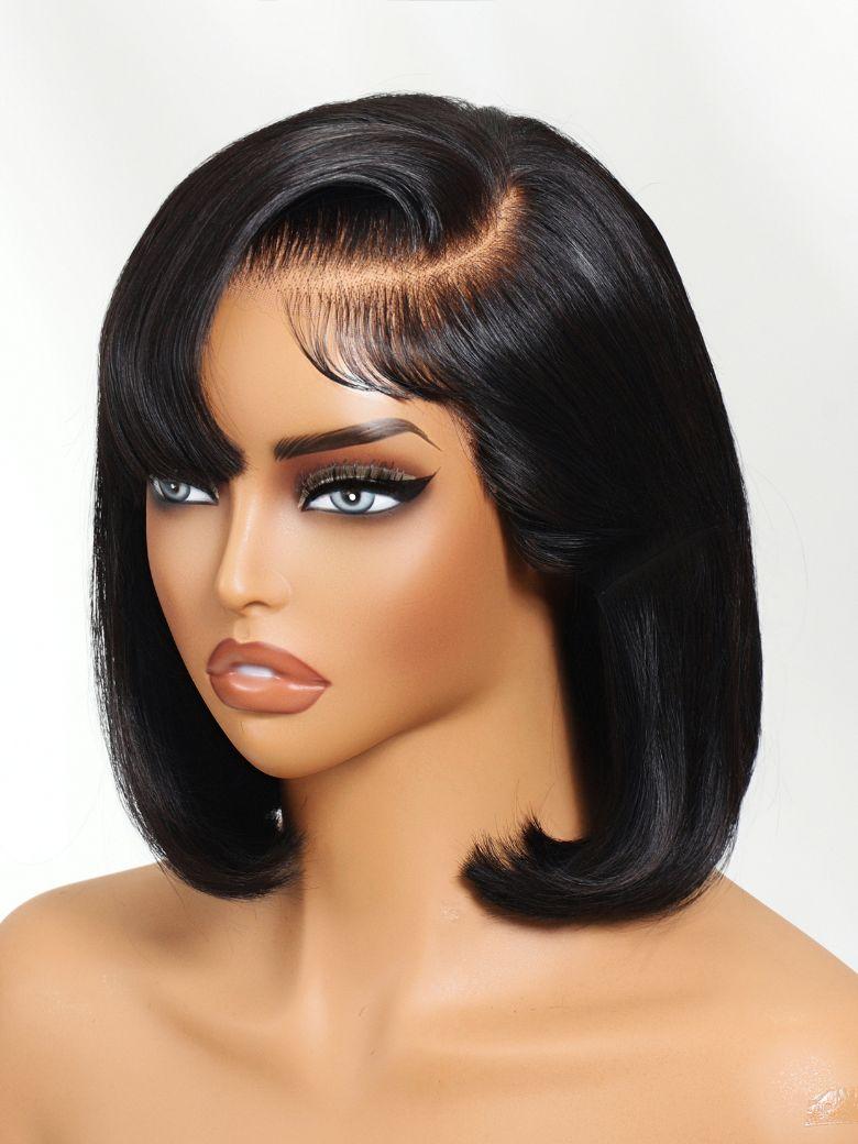 13x4 Pre-Everything? Lace Frontal Natural Black Side Part Bob Drawstring Wig With Side-Swept Bangs