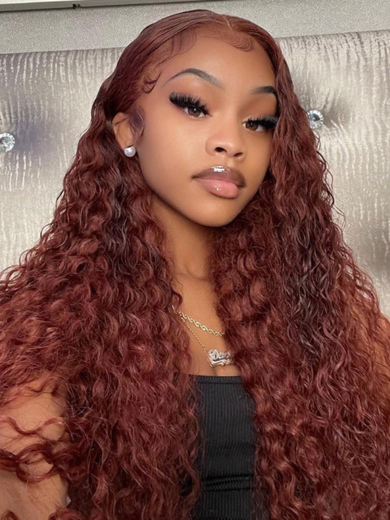 13x4 Pre Everything Glueless Lace Frontal Wig Reddish Brown Water Wave Wig Pre-Cut & Pre-Pluck & Pre-Bleached Pre-Everything Wig 150 Density