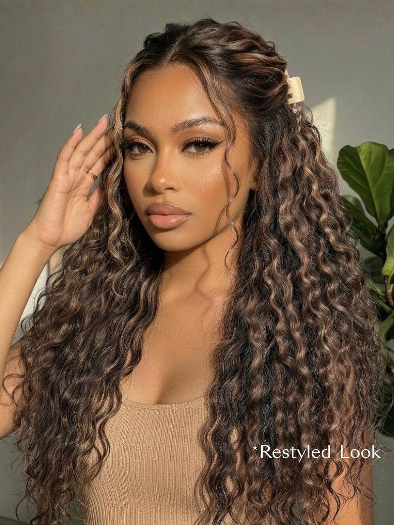 7x5 Bye-Bye Slip Lace Water Wave Black Wig With Golden Brown Highlights 150% Density Perfect Beach