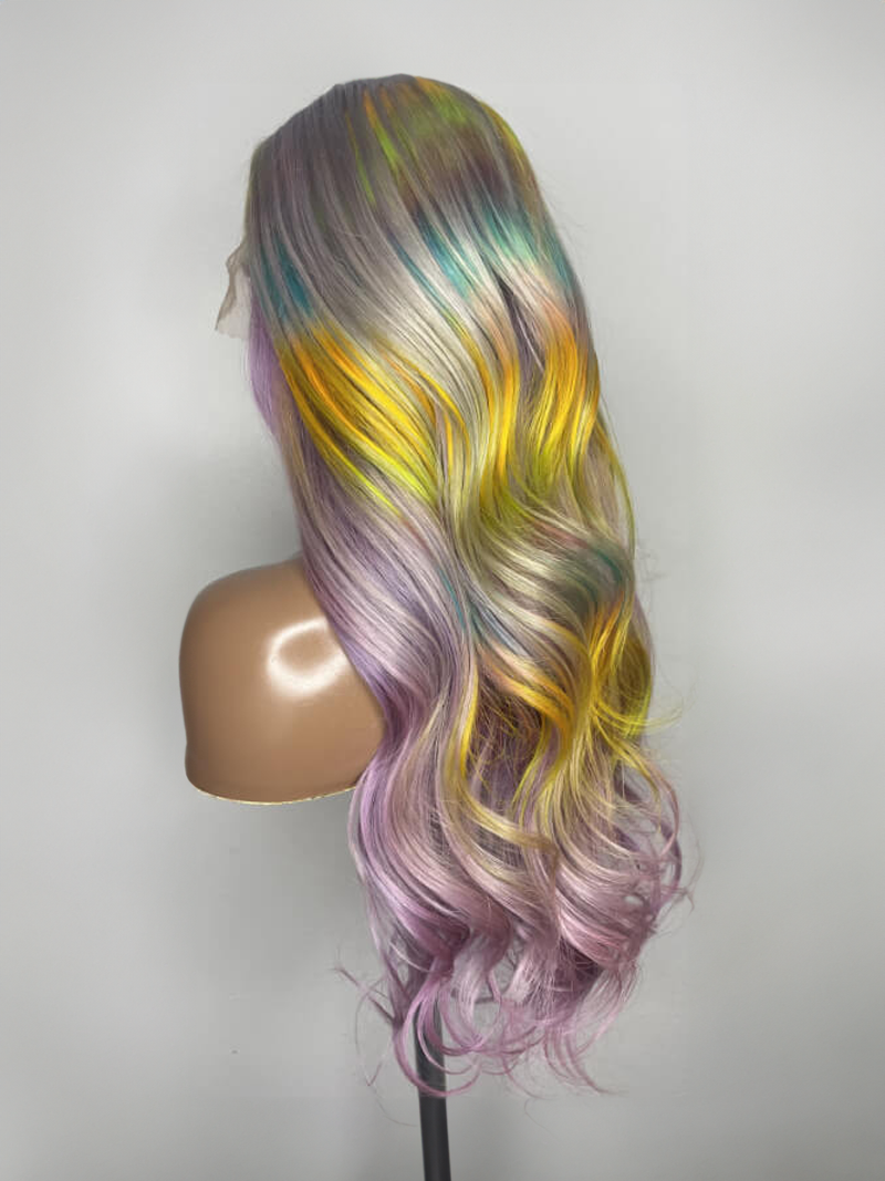 13x4 Lace Front Rainbow Color On Lavender Hair Wavy Wig