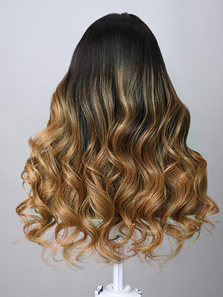 13x4 Lace Front Toasted Caramel Ombre Body Wave Wig With Dark Roots