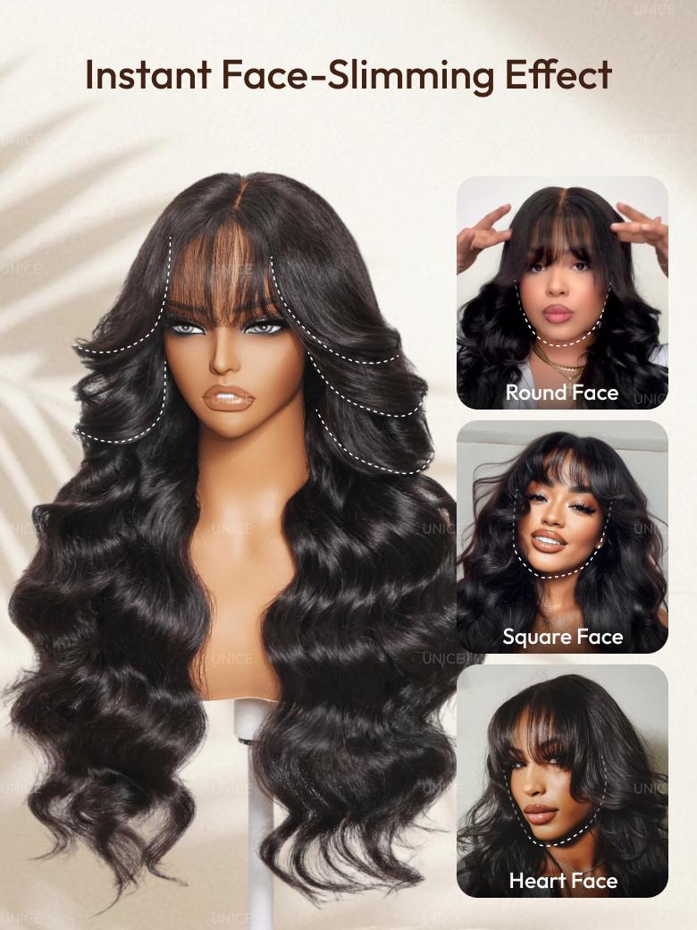 7x5 Bye-Bye Knots? & 13x4 Pre-Everything? & HD Lace Frontal Pull And Go Black Fluffy Natural & Balayage Highlights Loose Wave Wispy Bangs Wig