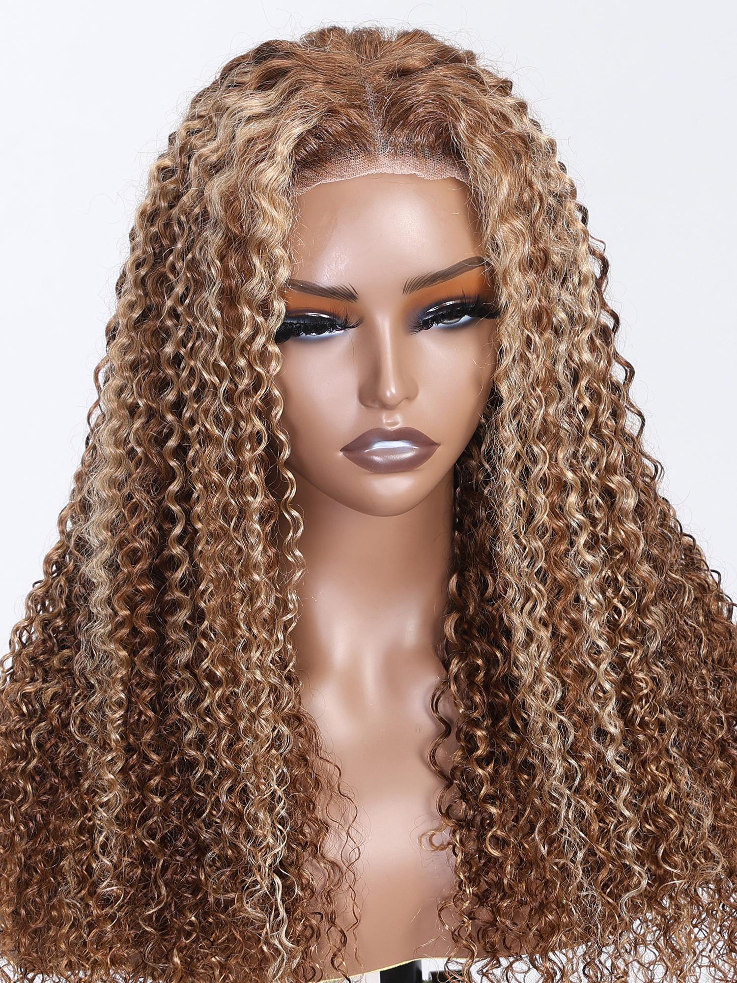 Put On And Go 6x4.5 Pre-Cut Lace Honey Blonde Kinky Curly Glueless Air Wig