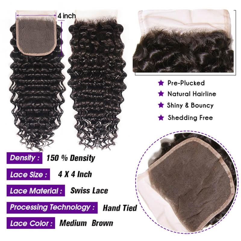 Brazilian 3 Bundles Deep Wave With Lace Closure Kysiss Series