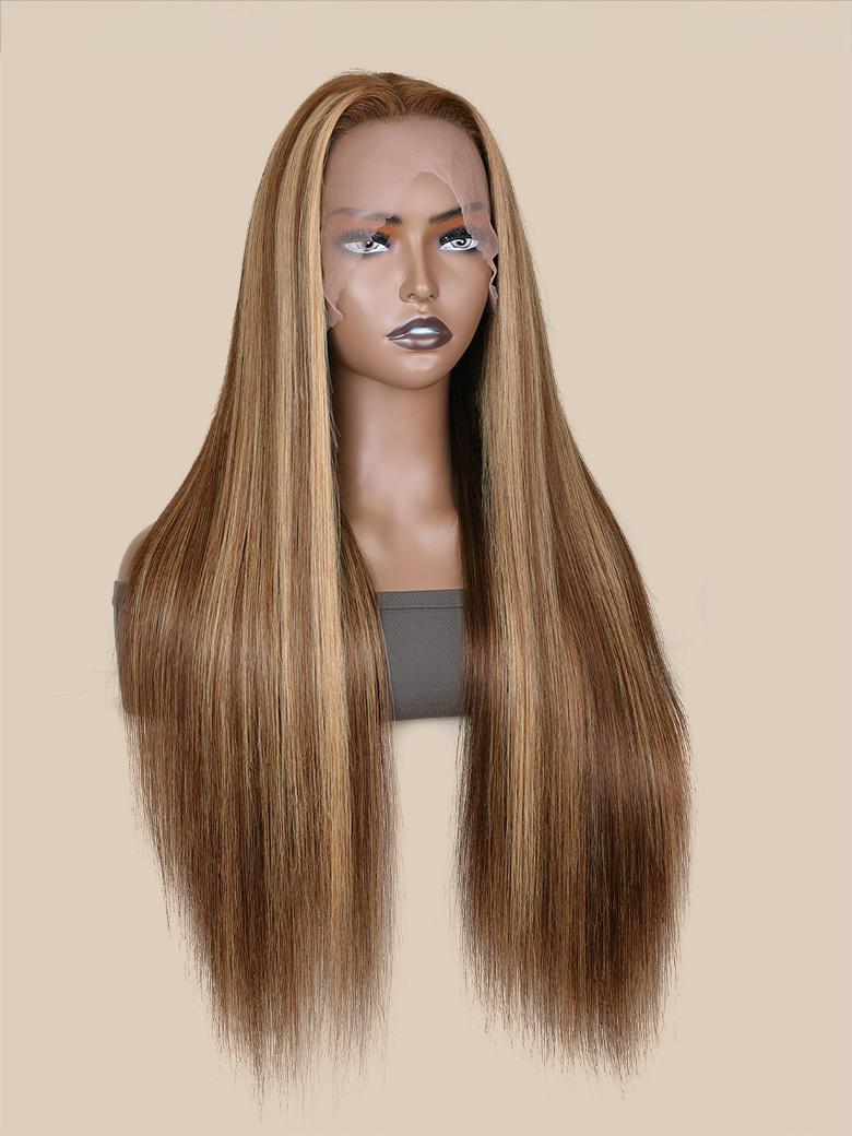 Honey Blonde Highlight Transparent Lace 13*4 150% Density Pre Plucked With Baby Hair Straight Human Hair Wigs