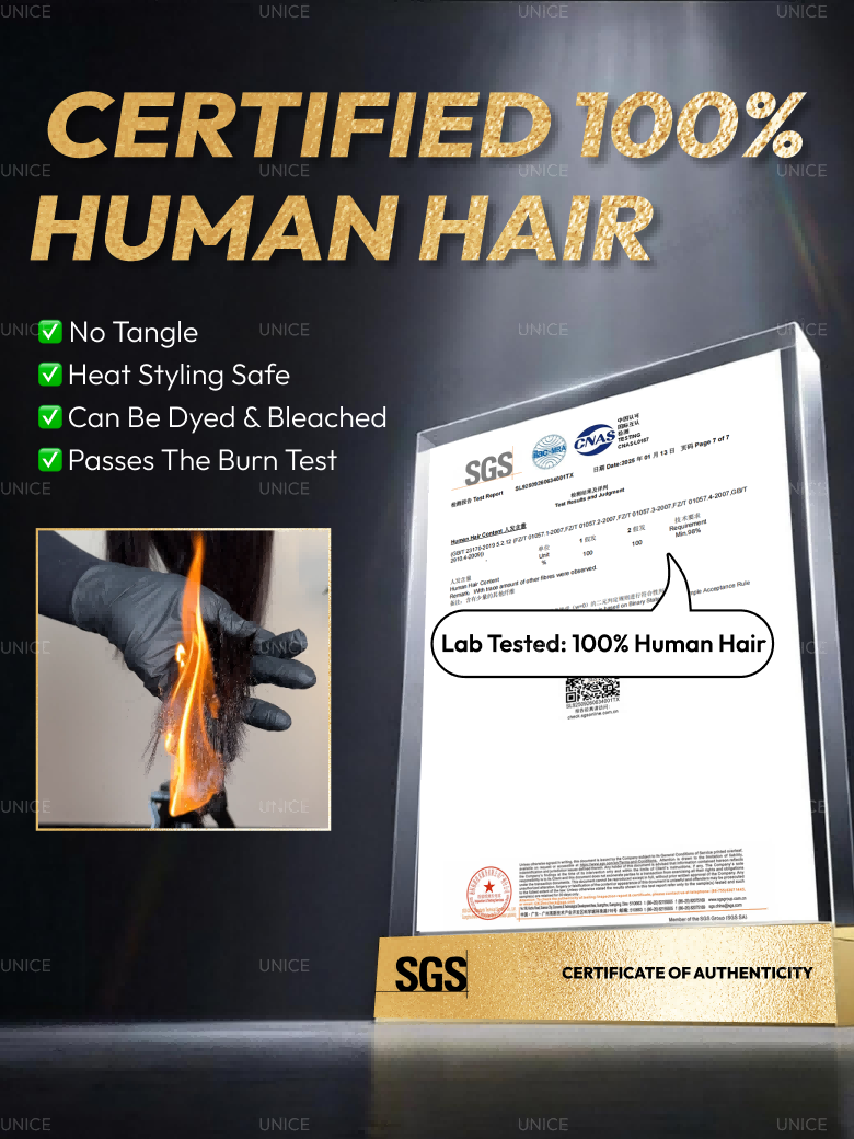 A certificate with the label Lab Tested: 100% Human Hair is displayed above text listing advantages of human hair: shiny & realistic, tangle-free, can be dyed, can be heated. Images show hair textures and a smiling woman holding hair.
