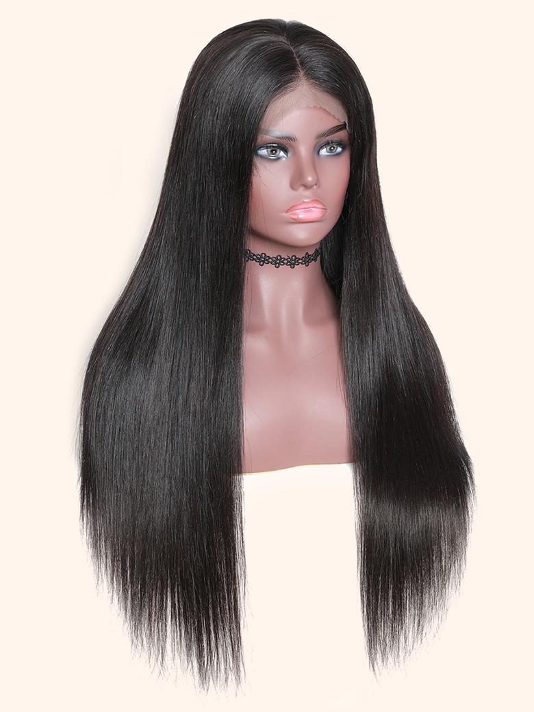 200% Density 13x4 Transparent Lace Frontal Black Straight Pre-Plucked Human Hair Wig with Baby Hair