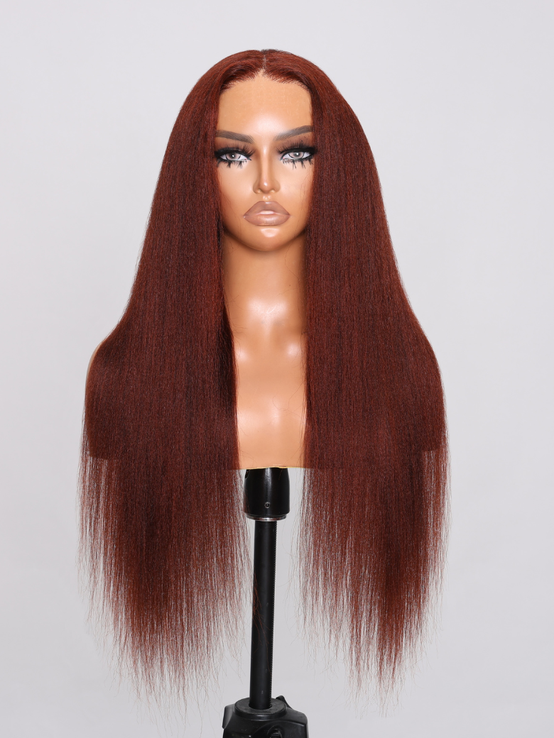 Reddish Brown Yaki Wig With Pre-plucked Hairline Glueless 7x5 Bye Bye Knots Wig 150% Density