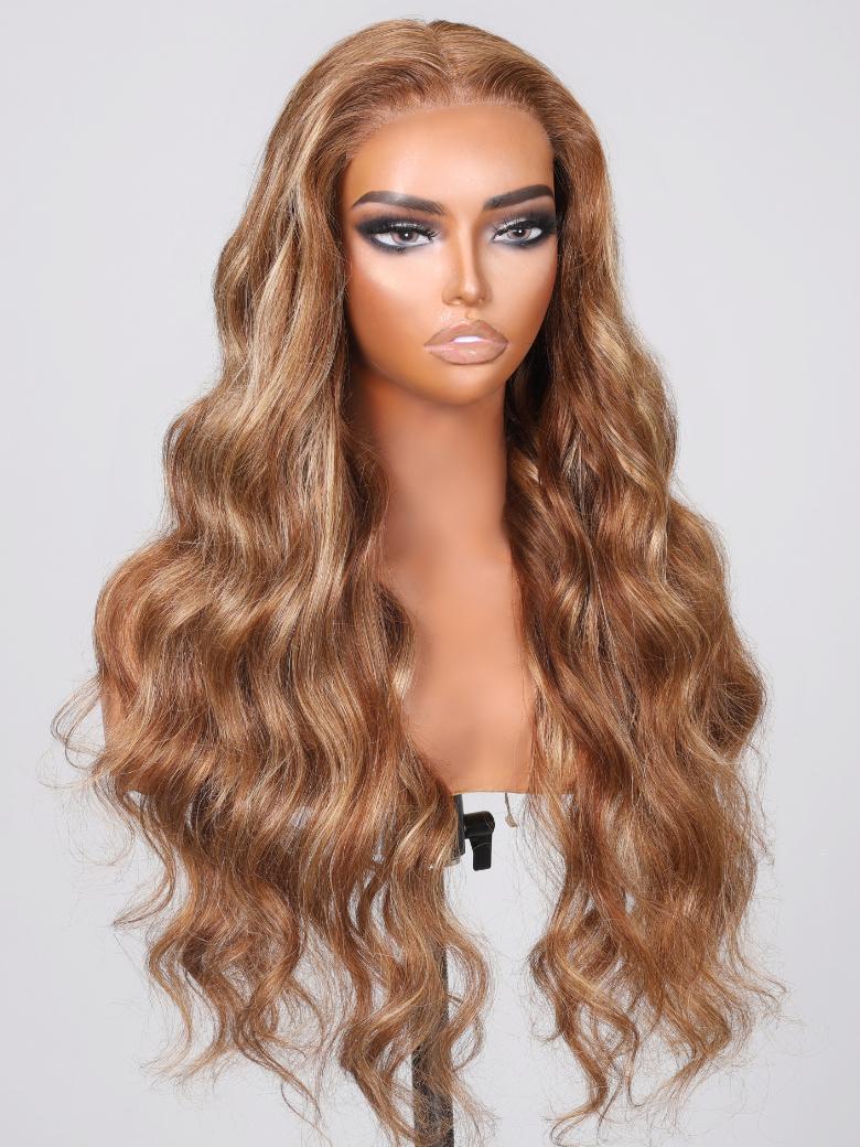 6x4.5 Pre Cut Lace Put On And Go Honey Blonde Highlights Body Wave Wig