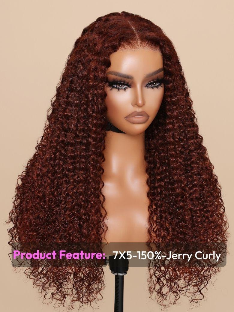 7x5 Bye-Bye Knots? Wig Glueless Lace Sunset Jerry Curly & 13x4 Pre Everything Kinky Curly for Reddish Brown Drawstring Wig With Bleached Knots