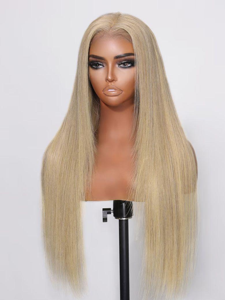 200% Density 13x4 Transparent Lace Frontal Glossy Blond Straight Pre-Plucked Human Hair Wig with Baby Hair