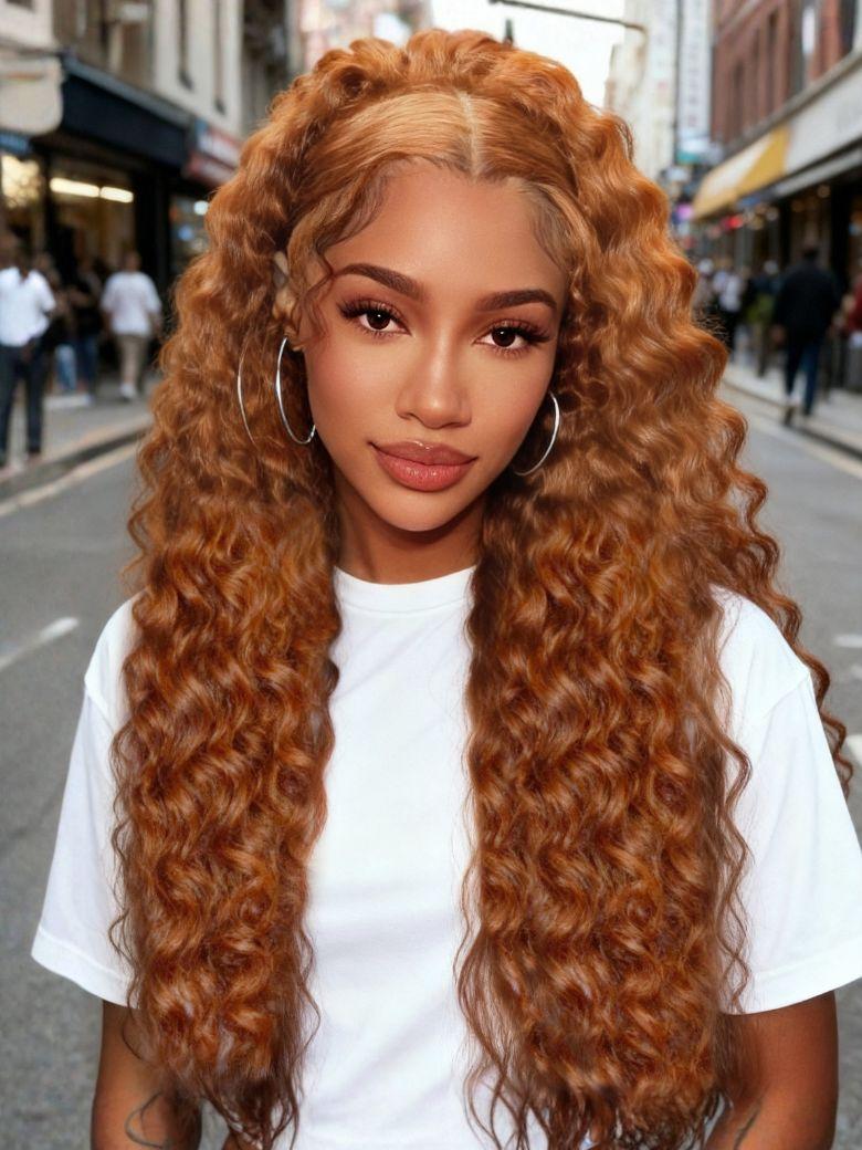 13x4 Pre-Everything? Lace Frontal Pumpkin Spice Side Part Loose Wave Drawstring Wig with Face Framing Layers