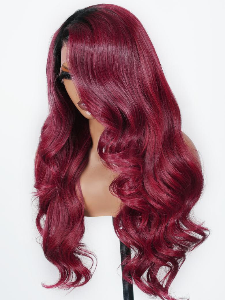 24" 180% Density 13x4 Lace Front Burgundy Red With Dark Roots Body Wave Wig