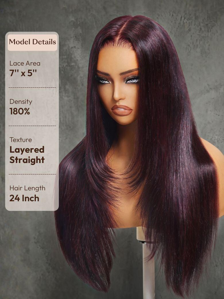 7x5 Bye-Bye Knots? & 13x4 Pre-Everything? Lace Frontal Purple Black Cherry Layered Straight & Loose Wave With Invisi Drawstring Wig