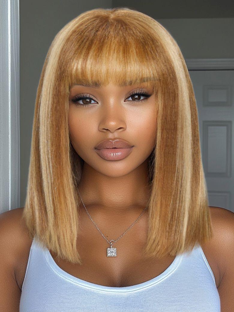 Bye-Bye Knots 7x5 Lace Honey Blonde Highlights Yaki Wig with Blunt Bang