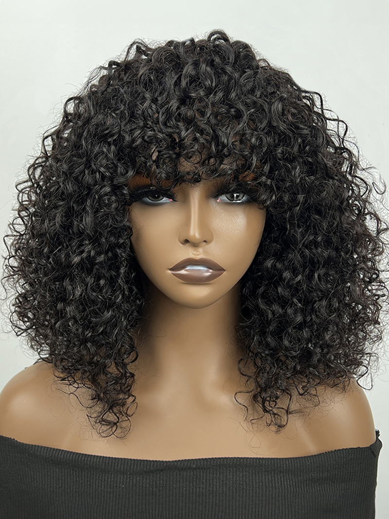 Tousled Curly Short Black Glueless Wig With Bangs