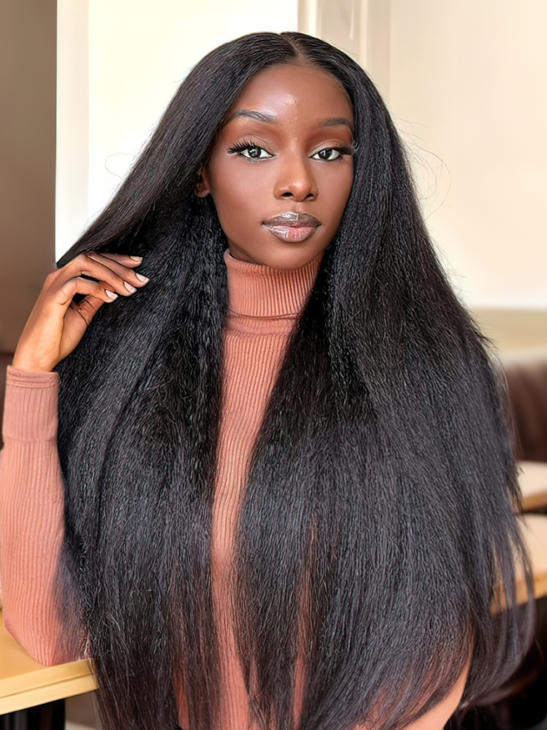 Kinky Straight Glueless13x4 Lace Front Wig Virgin Human Hair Wig
