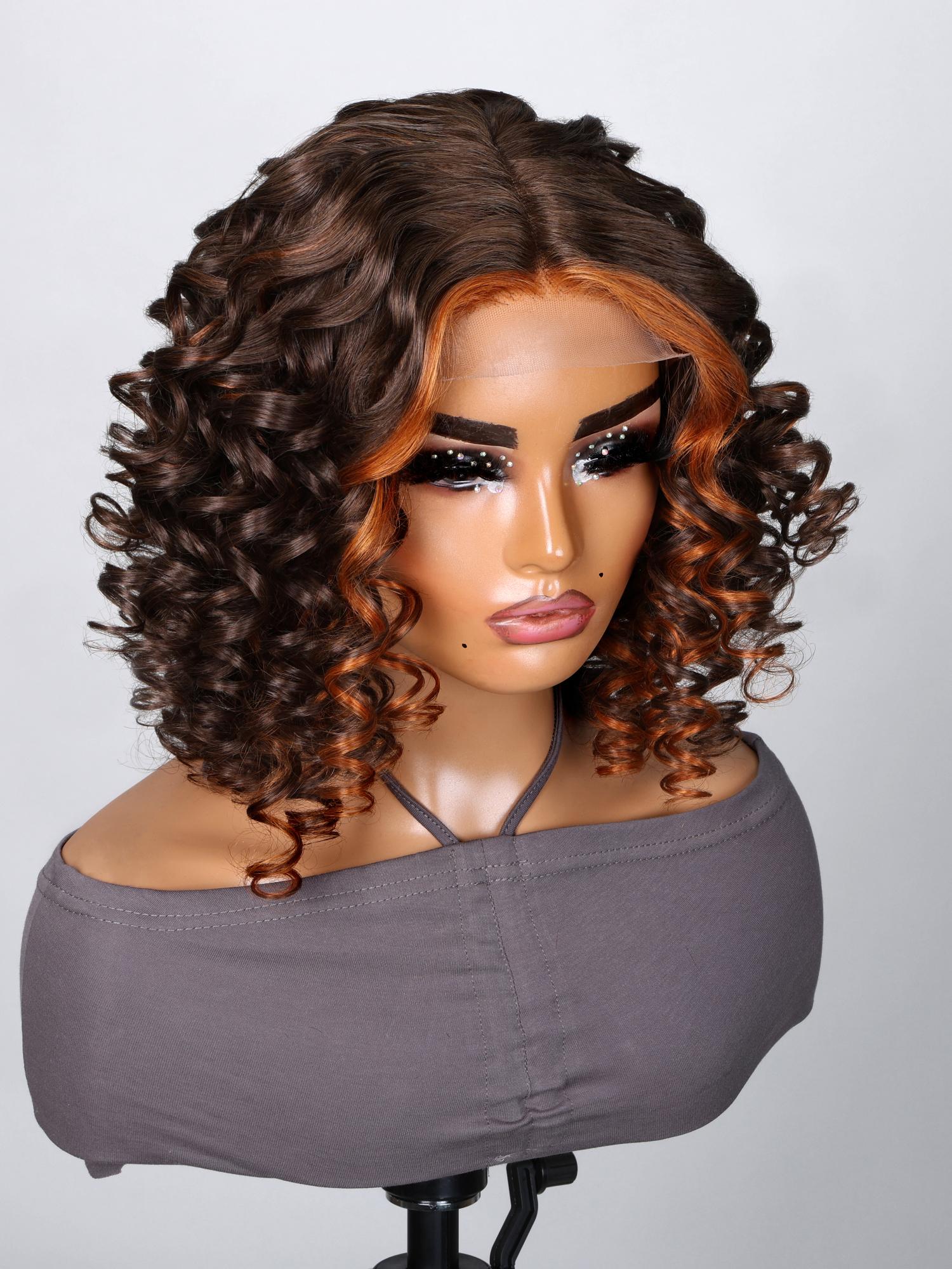 4x0.75 Lace Front Light Mocha Short Wig With Ringlets Swept Bangs And Ginger Highlights