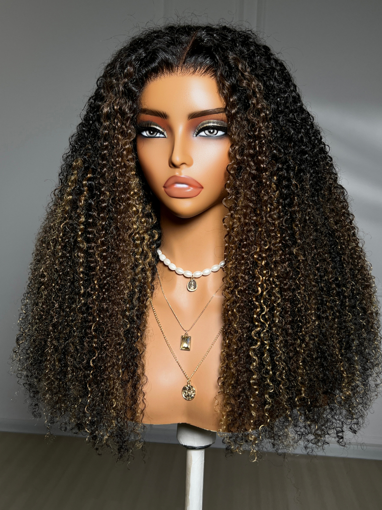 7x5 Bye Bye Slip? Lace Black with Blonde and Caramel Highlights Full Curly Wig with Defined Curls For Beginners