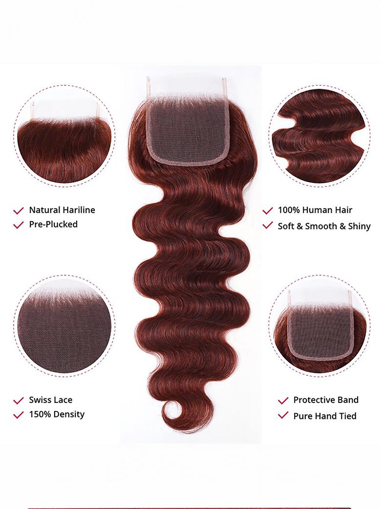 Dark Auburn Body Wave Remy Human Hair 4 Bundles With Closure Deal