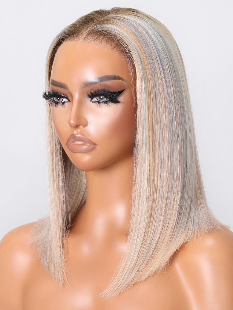 Put On And Go Wig 6x4.5 Glueless Lace Glossy Blonde With Silver Highlight Bob Wig