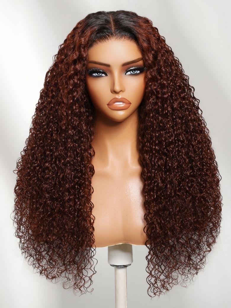 13x4 Pre-Everything? Lace Frontal Auburn Red With Dark Roots Gluless Jerry Curly Wig with Invisi Drawstring