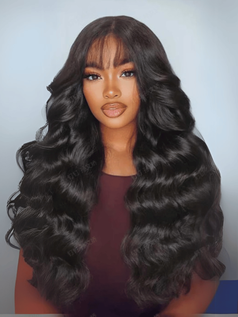 13x4 Pre-Everything Lace Frontal Black Fluffy Natural Color Loose Wave Wig WIth Banging Bangs