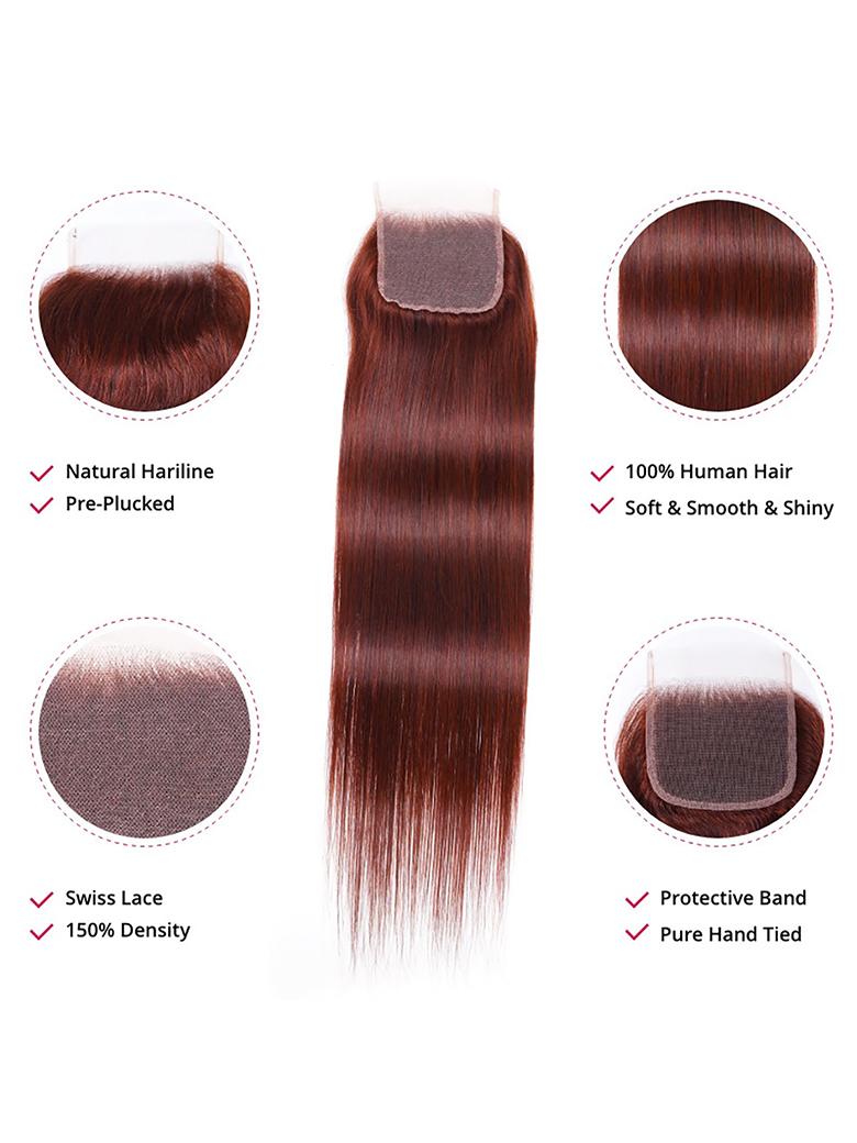 Dark Auburn Straight Remy Human Hair 4 Bundles With Closure Deal