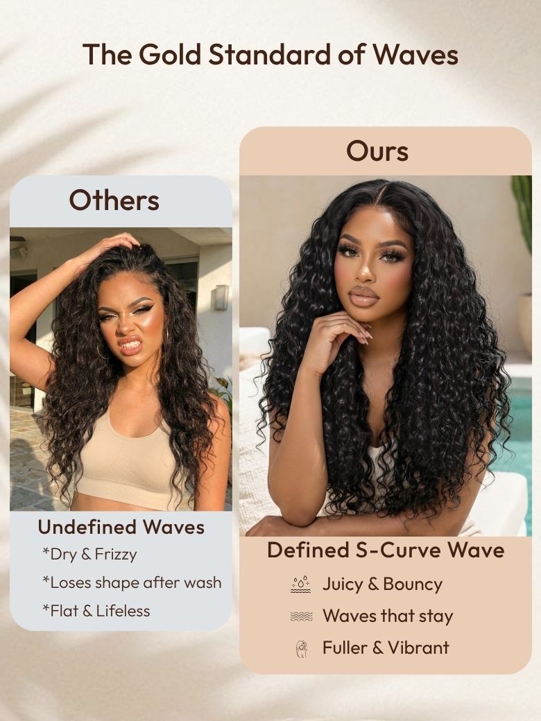 Defined S-curve water wave wig vs dry frizz, showcasing juicy, bouncy, and full long curls that stay after washing.