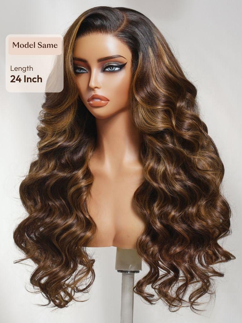 7x5 Bye Bye Slip? Lace Caramel Highlights on Chocolate Brown with Dark Roots Body Wave Glueless Wig with Side Part Bangs