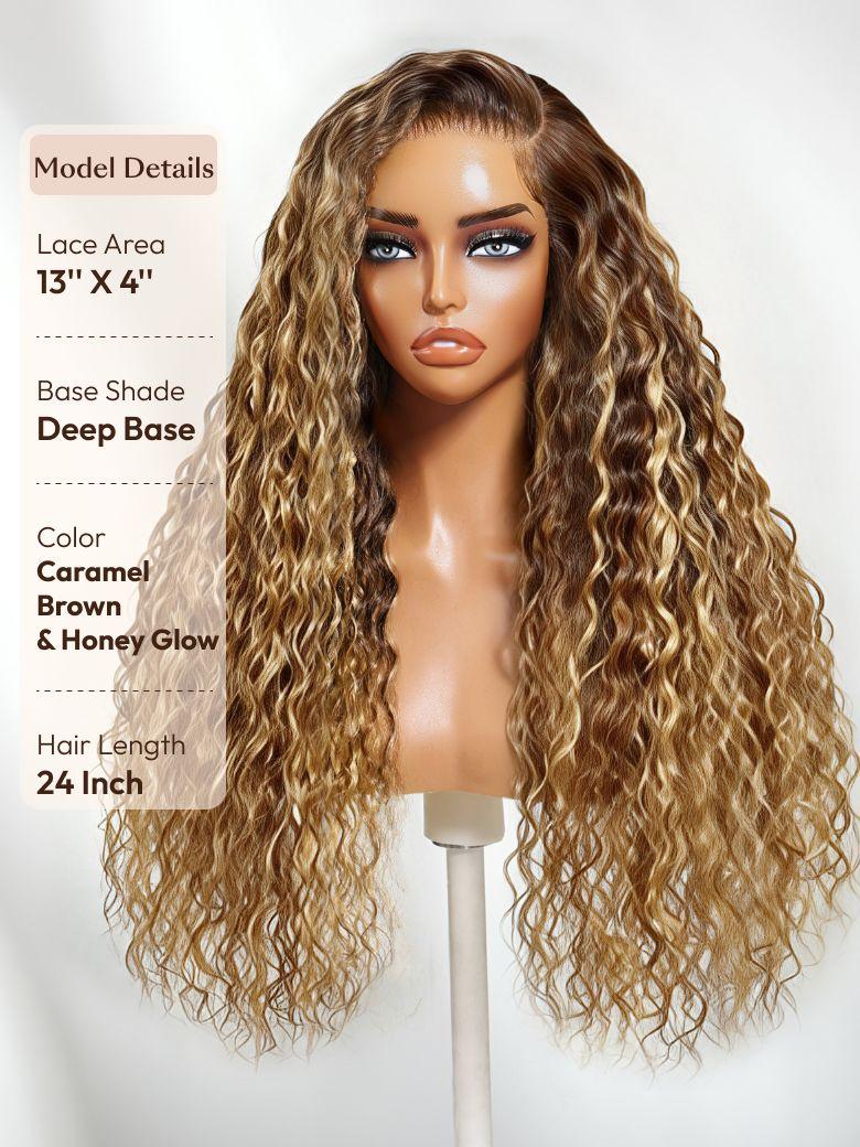 13x4 & 7x5 Bye Bye Slip? Lace Frontal Caramel Brown With Honey Blonde Highlights Water Wave Glueless Drawstring Wig