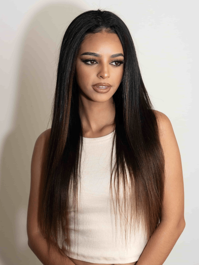 EasiContour? V Part Black to Chestnut Brown Ombre Yaki Wig With Invisi Drawstring 150% Density
