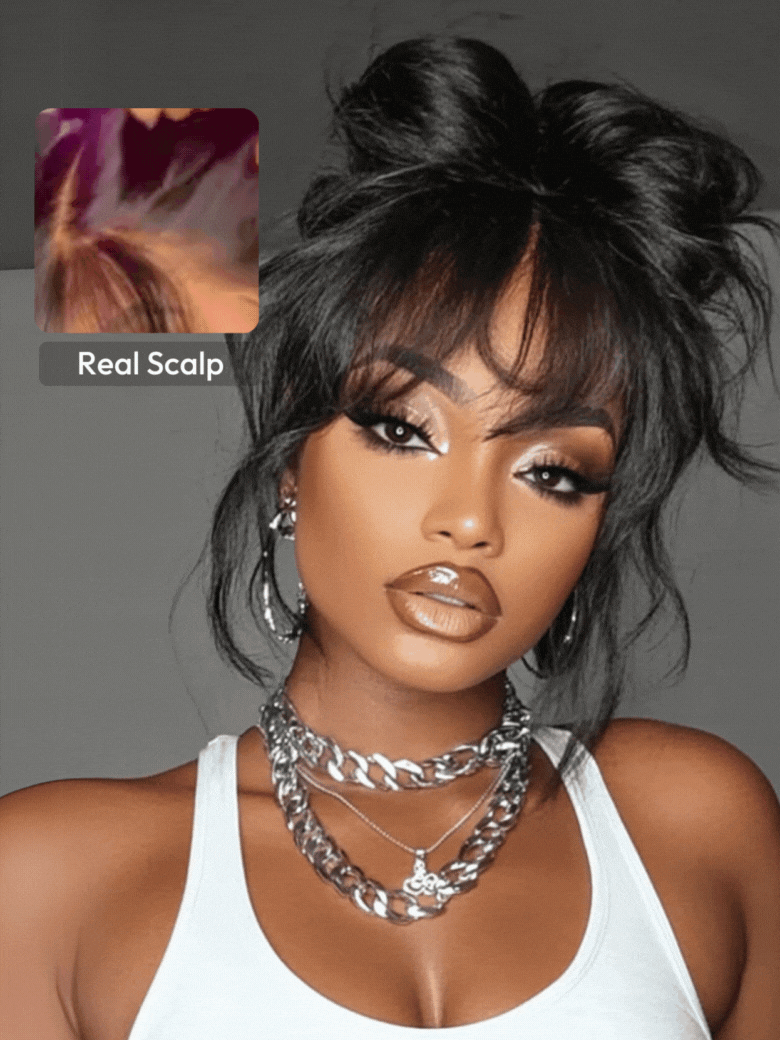 7x5 Bye-Bye Knots? & 13x4 Pre-Everything? Lace Frontal Black Fluffy Natural Loose Wave Curtain Bangs Wig
