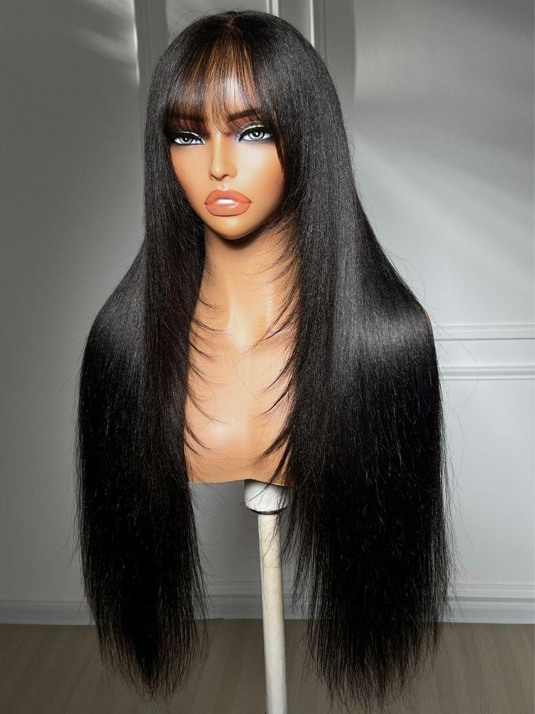 7x5 Bye Bye Slip? Lace Black Glueless Long Layered Yaki Straight Drawstring Wig with Wispy Bangs