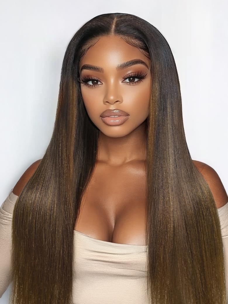 Bye-Bye Knots 7x5 Lace Black to Chestnut Brown Ombre Yaki Straight Wig With Invisi Drawstring