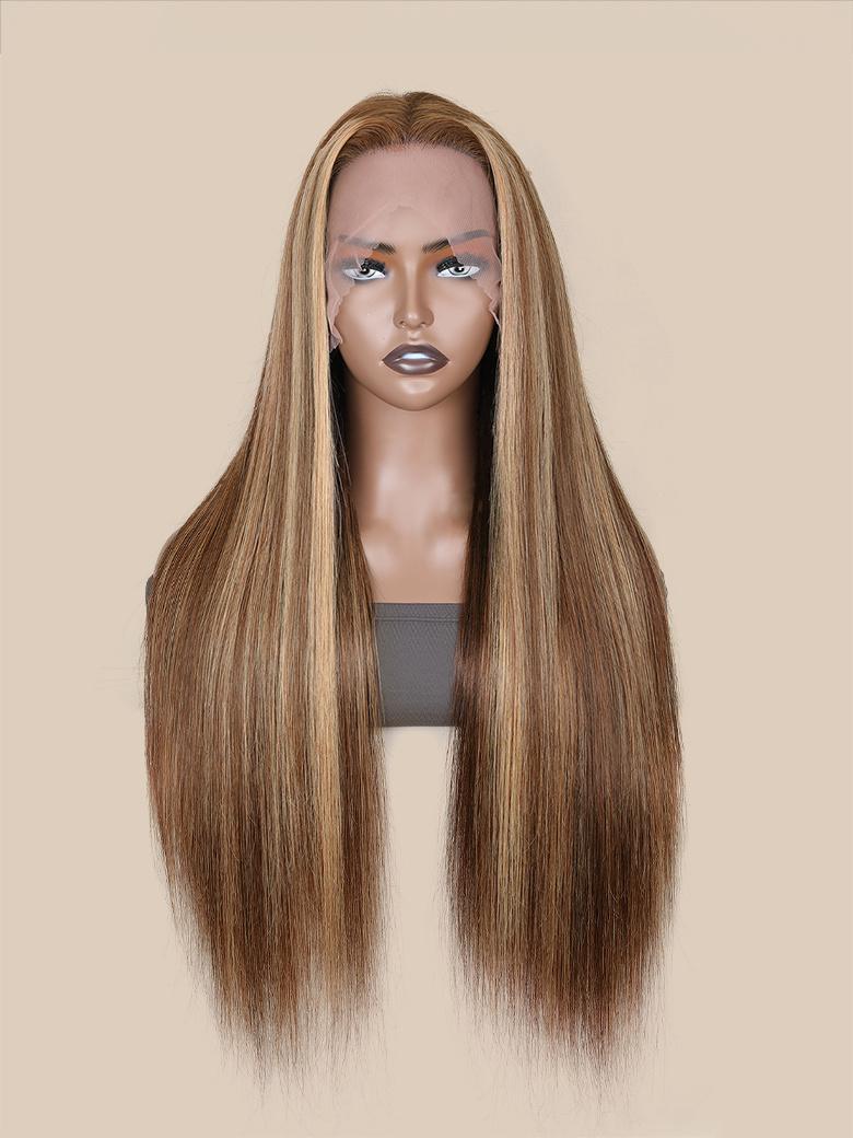 Straight Honey Blonde Highlight Lace Wigs Virgin Human Hair Wigs Pre Plucked With Baby Hair