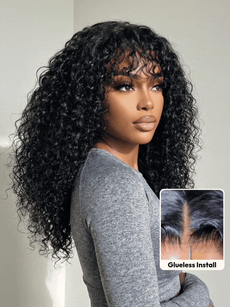 4x0.75 Lace Shaggy Natural Black Defined Curly Wig with Bangs for Beginner