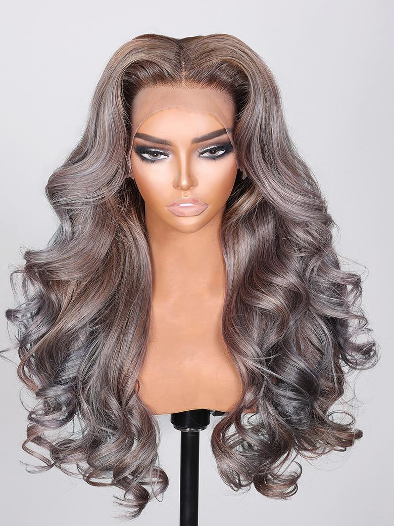 13x4 Lace Front Ash Violet With Brownish Babylights Body Wave 150% Density 100% Human Hair Wig