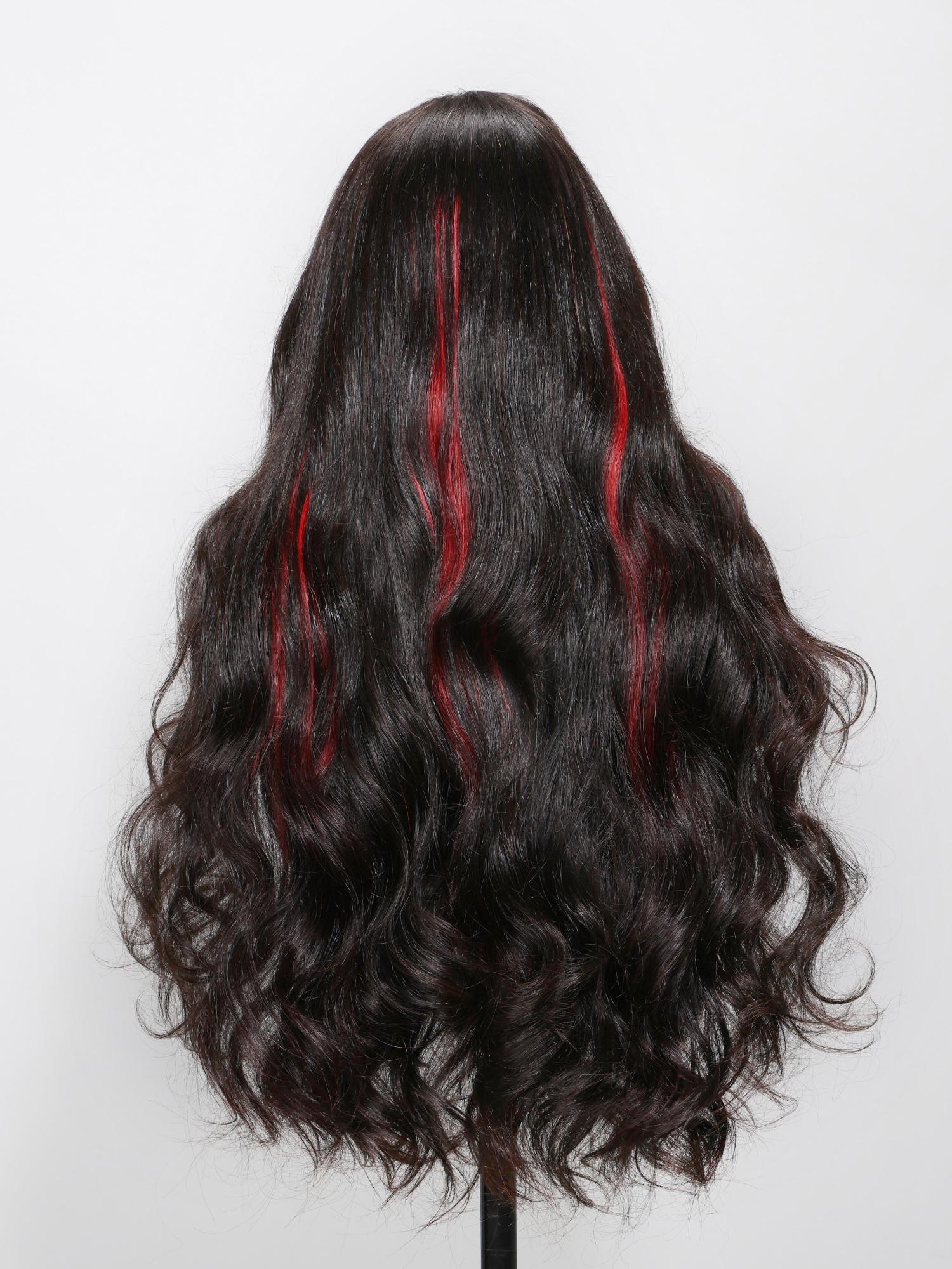 13x4 Lace Front Black Hair With Red Streaks Loose Wave Wig