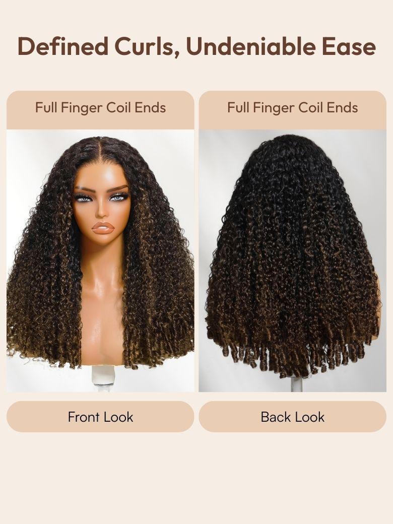Glueless Curly Wig With Defined Finger Coil Ends Black to Chestnut Brown Ombre Bye-Bye Knots? 7x5 Lace Drawstring Wig
