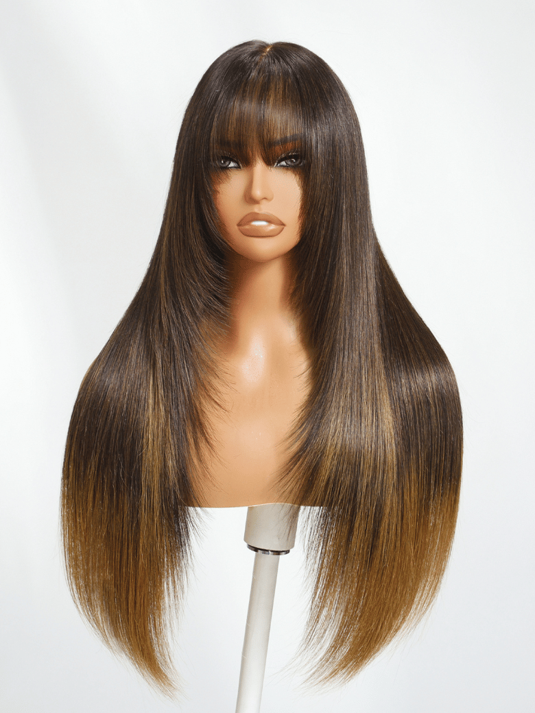 Bye-Bye Knots 7x5 Lace Brown to Blonde Ombre Layered Straight Wig With Wispy Bangs
