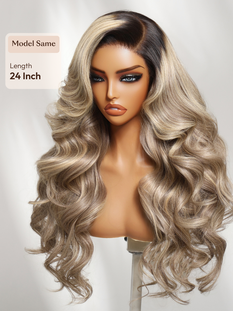 Ash Blonde With Brown Roots No Slip 13x4 Pre-Everything? Lace Frontal Body Wave Wig with Invisi Drawstring