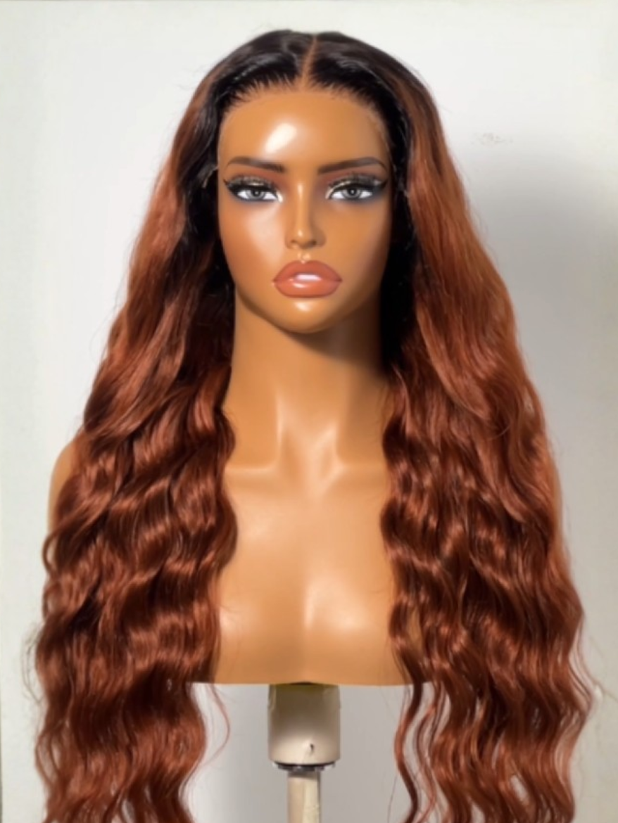 13x4 Pre-Everything? Lace Frontal Ginger Brown with Dark Roots Soft Loose Deep Wave Drawstring Wig