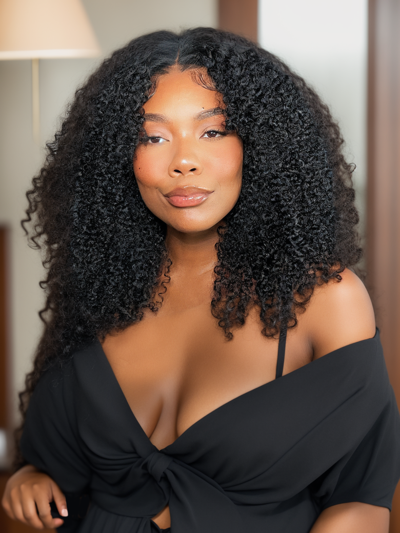 V Part Kinky Curly Wig Beginner Friendly Protective Style Glueless Human Hair Wig