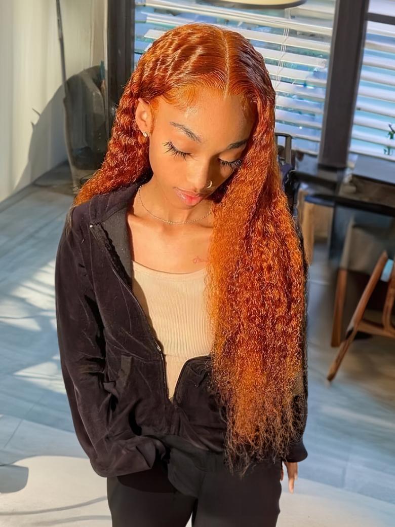 22 Inch Lace Part 150% Density Ginger Color Jerry Curly Human Hair Wig