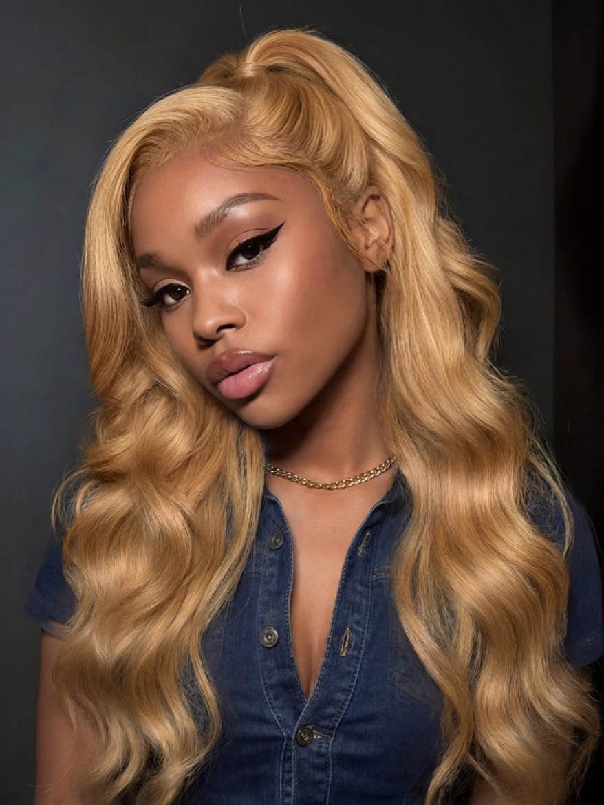Honey Brown 13x4 Pre-Everything? Lace Frontal Golden Blonde Balayage Loose Body Wave Drawstring Wig with Side Swept Bangs