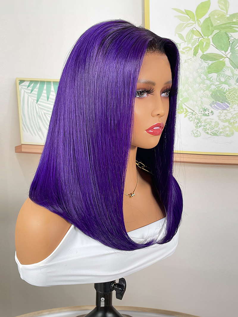 Lace Front Blunt Cut Bob Dark Purple Wig With Dark Roots