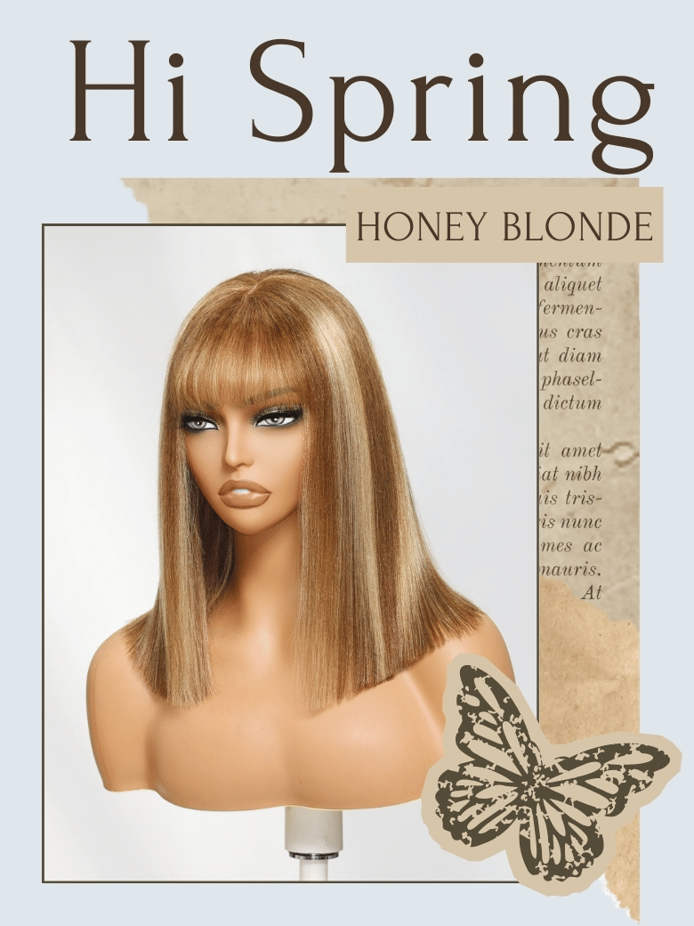 Bye-Bye Knots 7x5 Lace Honey Blonde Highlights Yaki Wig with Blunt Bang